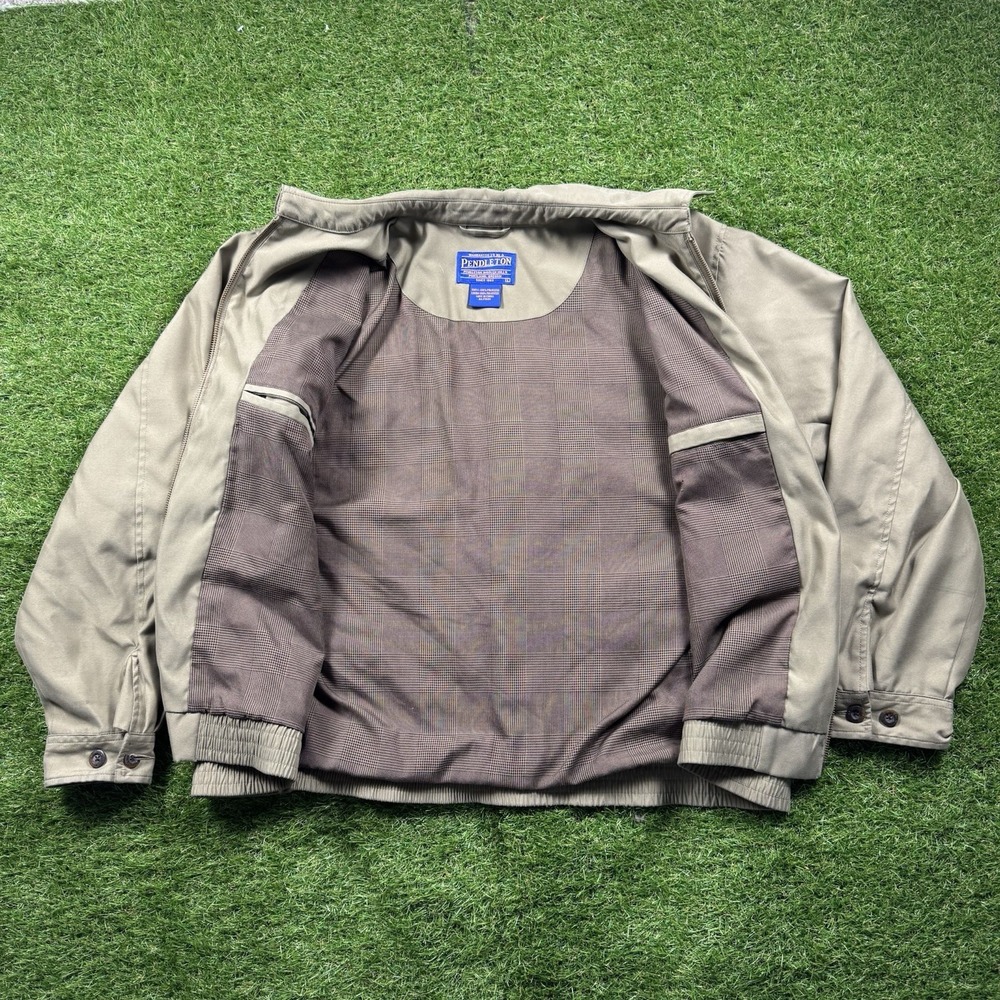 Pendleton Harrington Jacket Mens L Beige Bomber Plaid Lined Workwear Golf Nature - Picture 2 of 11